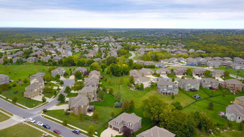 aerial view of residential properties